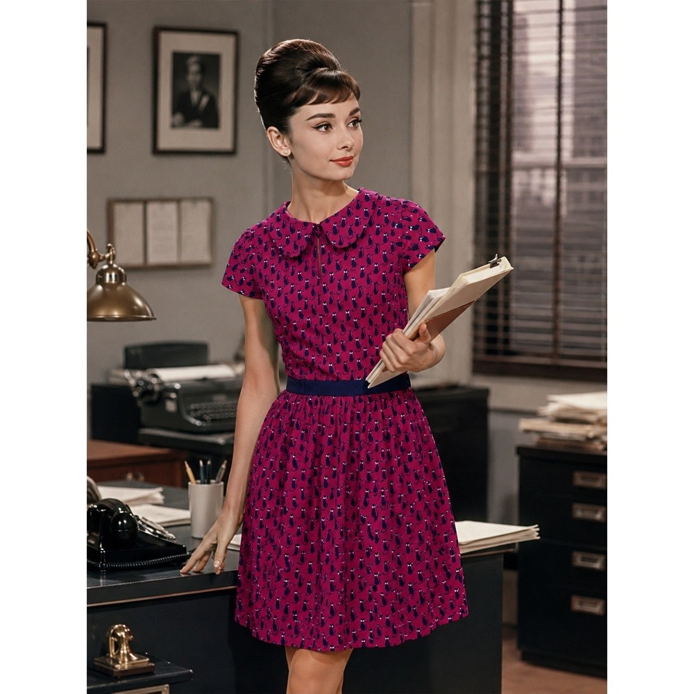 Pinky Black Cat Print Dress Magenta Peter Pan Collar Fit & Flare Womens Medium